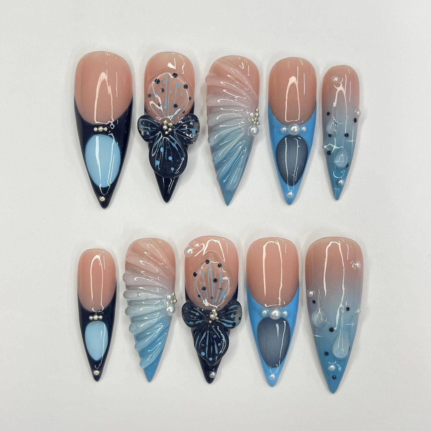 3D Gel With Blue French, Stiletto Press On Nail