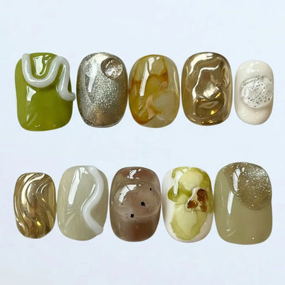 Muted Greens & Golds Nails