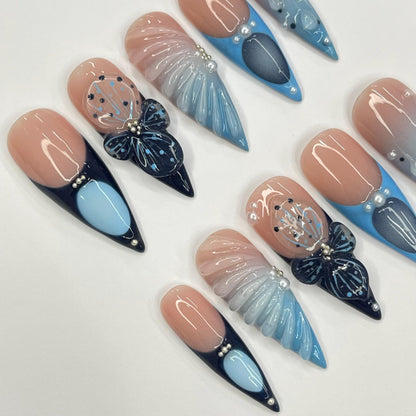 3D Gel With Blue French, Stiletto Press On Nail