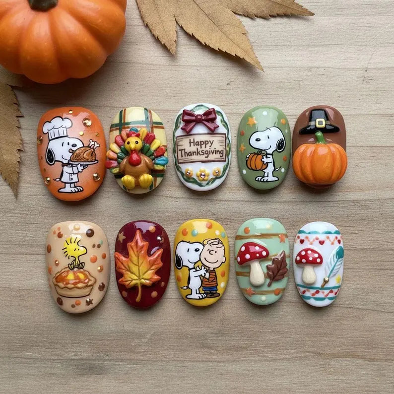 Thanksgiving 3D Hand Painted Press On Nails | Snoopy & Autumn Nail Art Set