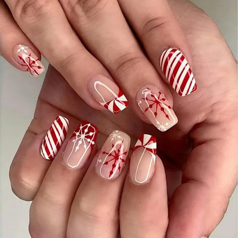 DIY Christmas 24 Pieces Candy Cane French Tip Red Press on Nails