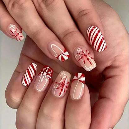 DIY Christmas 24 Pieces Candy Cane French Tip Red Press on Nails