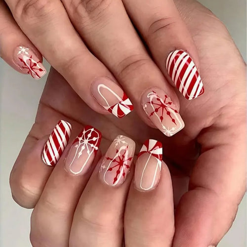 DIY Christmas 24 Pieces Candy Cane French Tip Red Press on Nails