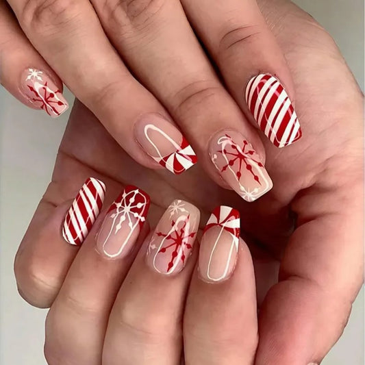 DIY Christmas 24 Pieces Candy Cane French Tip Red Press on Nails