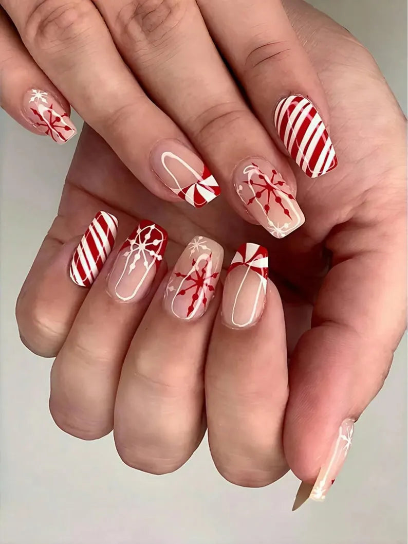 DIY Christmas 24 Pieces Candy Cane French Tip Red Press on Nails